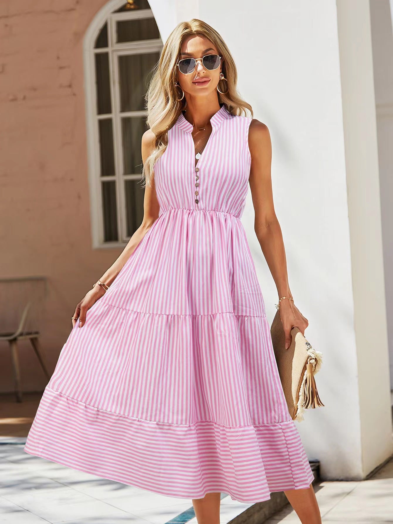 Striped V-Neck Sleeveless Dress