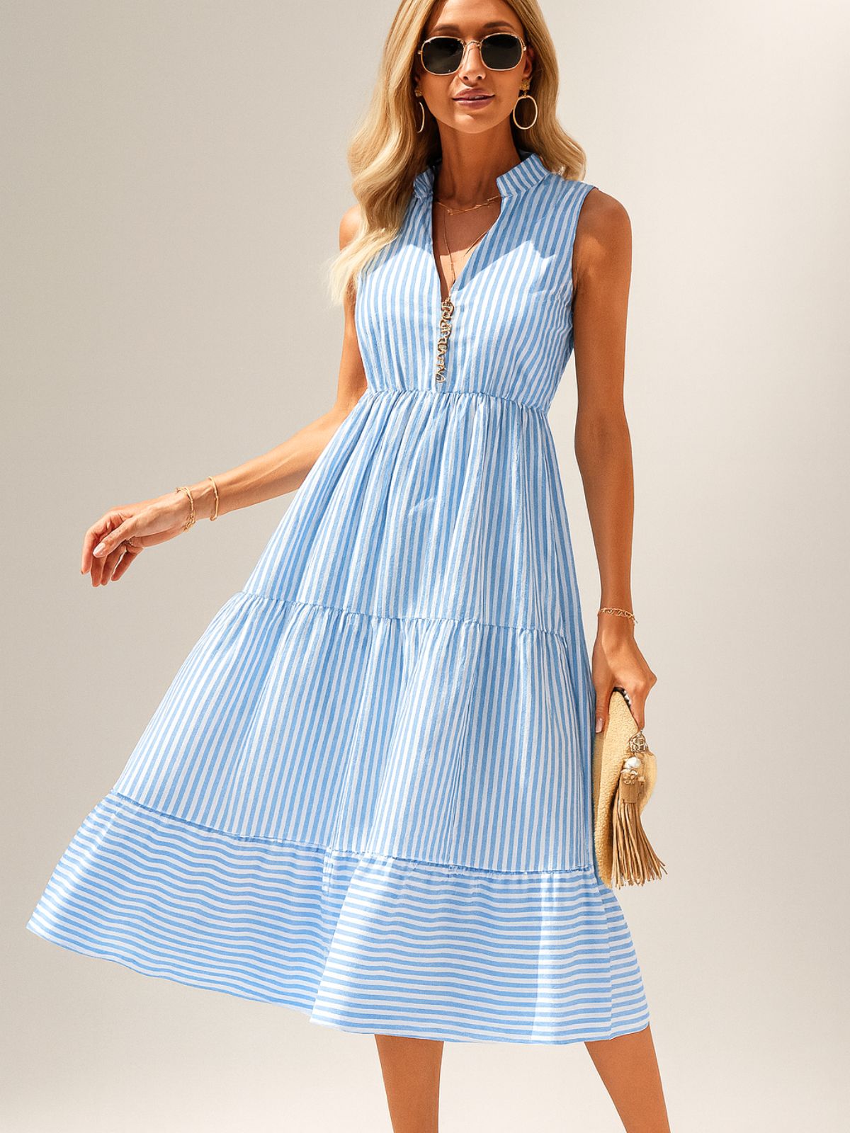 Striped V-Neck Sleeveless Dress