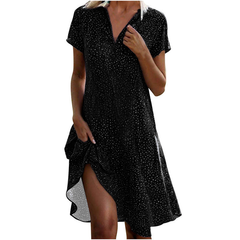 Lightweight Dress with Collar, Short Sleeves and Delicate Print