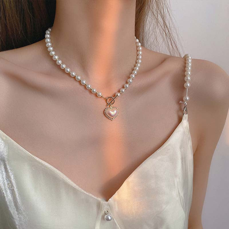 Faux Pearl Necklace with Heart Pendant