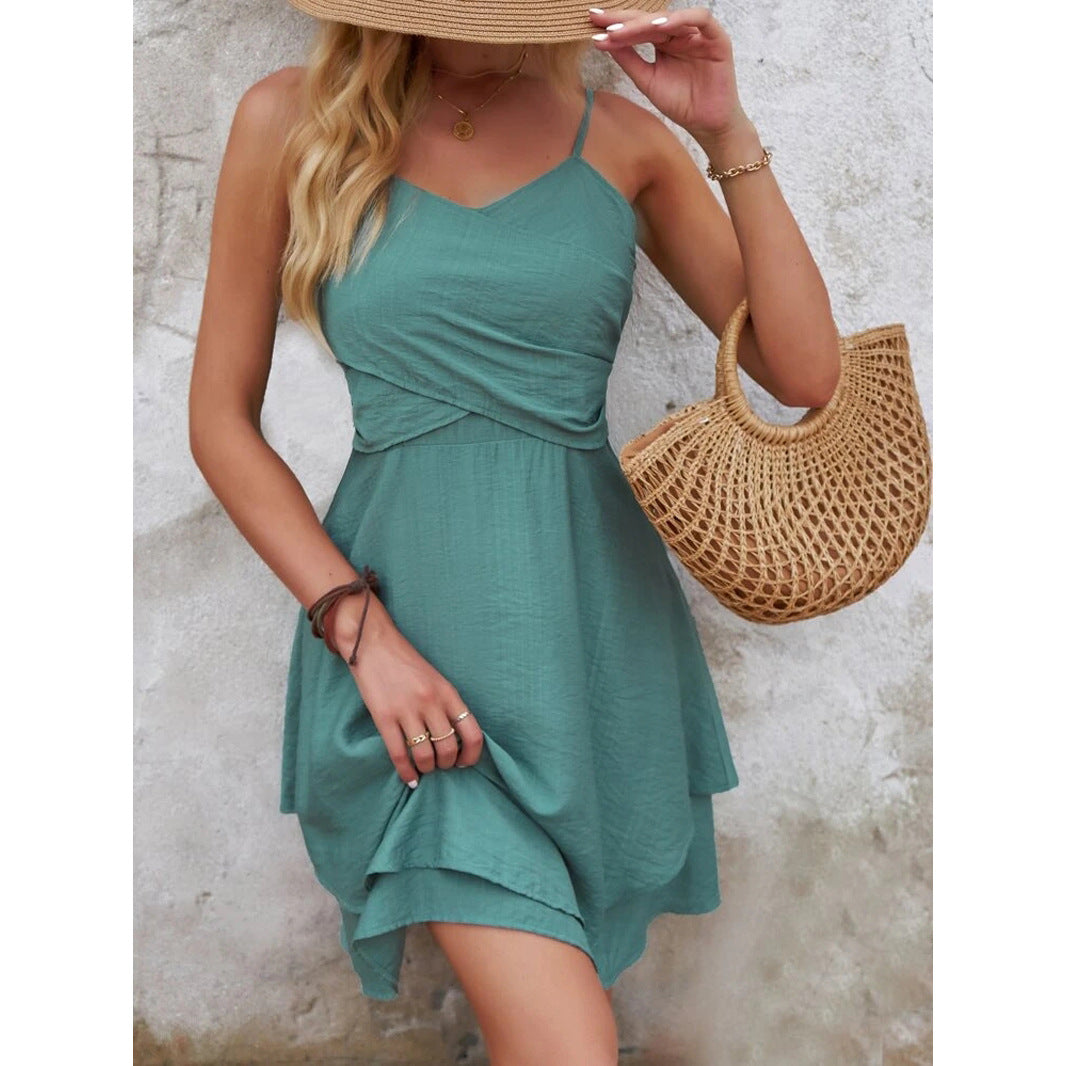 Short Dress with Thin Straps and Light Layered Skirt