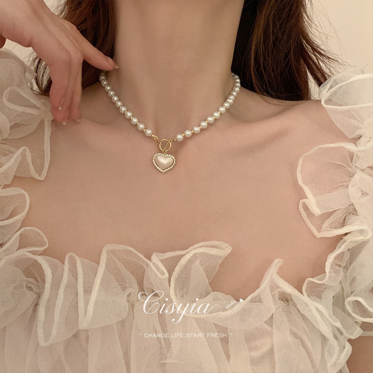 Faux Pearl Necklace with Heart Pendant
