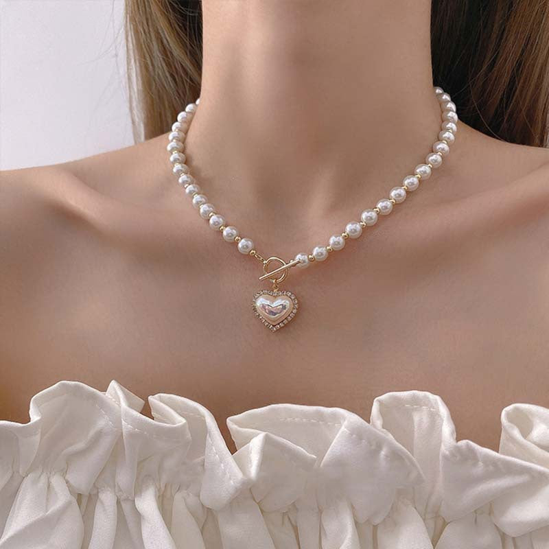 Faux Pearl Necklace with Heart Pendant