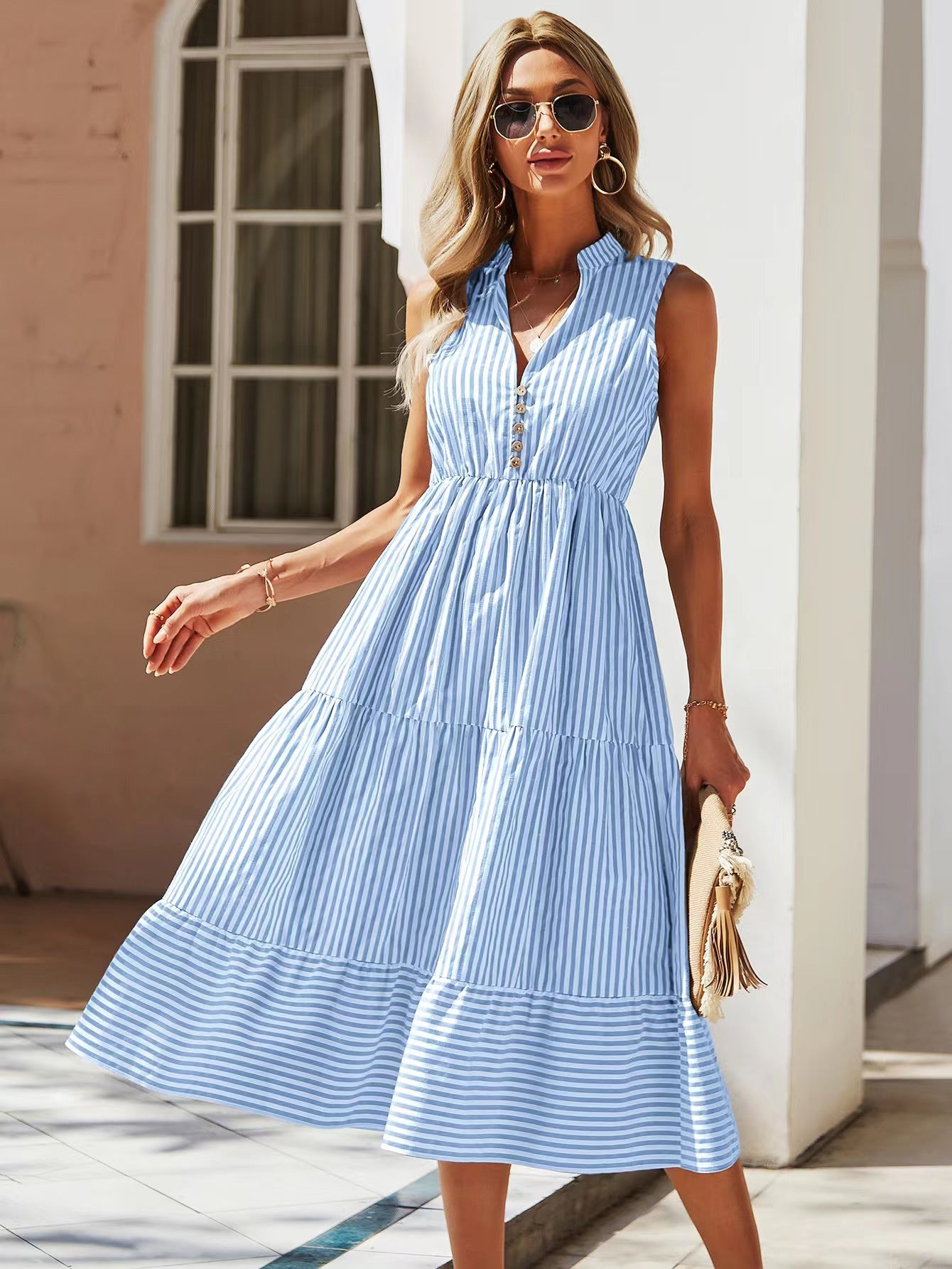 Striped V-Neck Sleeveless Dress